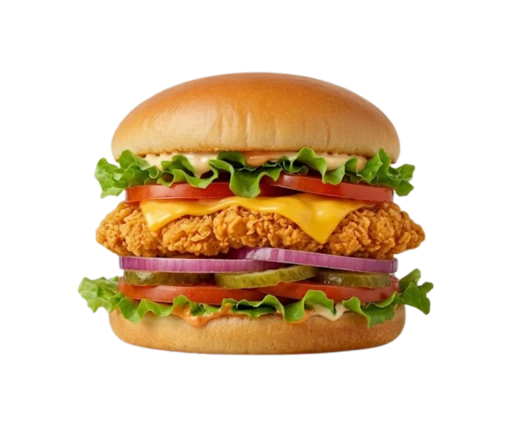 Chicken Fillet Burger Chicken Fillet, Cheese, Mayo, Lettuce, Red Onion, Gerkins, Tomatoes & Burger Sauce