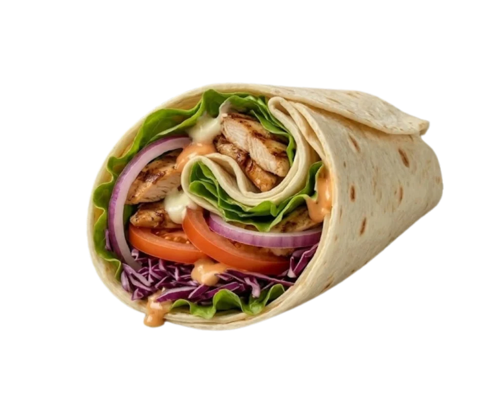 Served with Lettuce, Tomato, Onion, Red Cabbage & Sauce Chicken Wrap